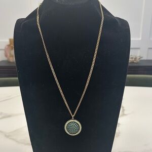 TOVA - Convex Green Circle Medallion Pendant Necklace w/ Yellow Patina Crystals